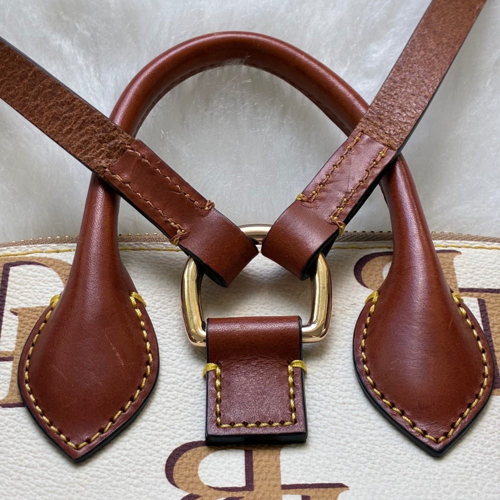 Dooney & Bourke Monogram Cream Tan Leather Trim Gold hardware Backpack Bag - Picture 6 of 16